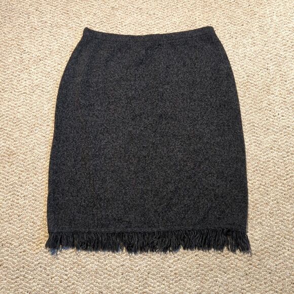 triocot exclusives Dresses & Skirts - Vintage Knit Sweater Pencil Straight Skirt Large Gray Black Fringe Chic Preppy